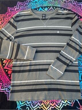 Volcom Gray and Black Striped Long Sleeve Tee